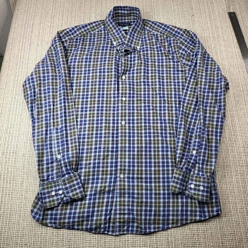 Peter Millar Winter Soft Shirt Mens Large Blue Plaid Long Sleeve Button Front